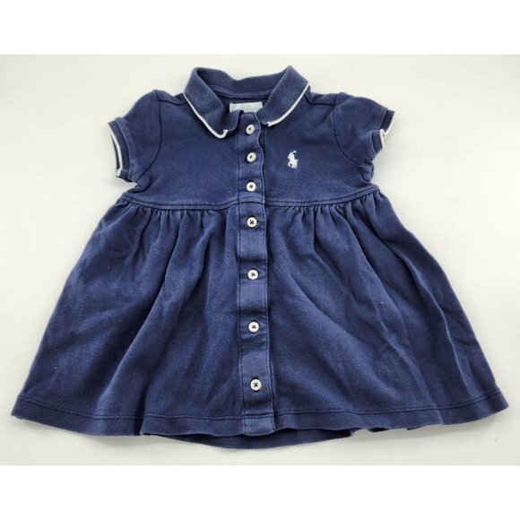 Ralph Lauren Baby Girl Short Sleeve Button Front Collared Polo Dress Blue Sz 12M - Picture 1 of 7
